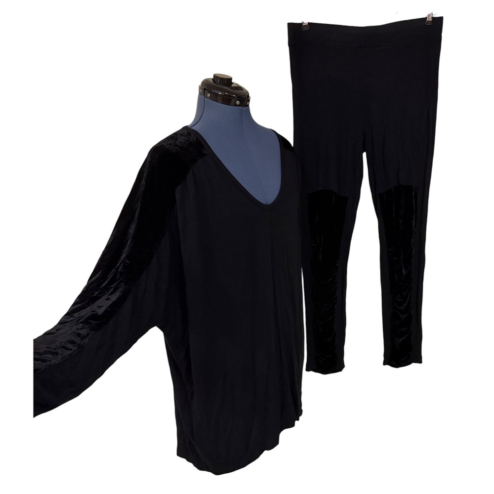 XCVI Black Velvet Trim Tunic XL Leggings L Set Silk Blend Lounge Whimsigoth Boho
